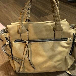 Tan satchel purse with removable shoulder strap